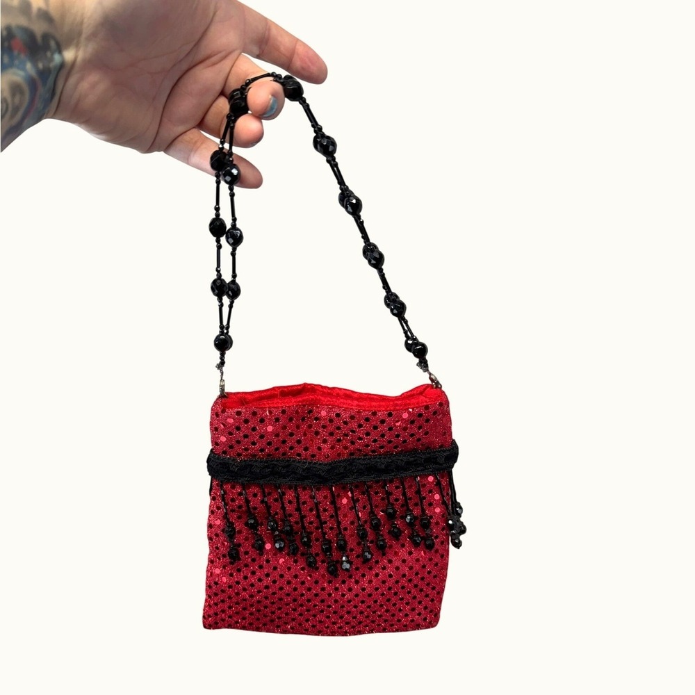 Laurali Sequin Evening Bag Women Red Vintage Y2K Beaded Fringe Bow Formal Pouch